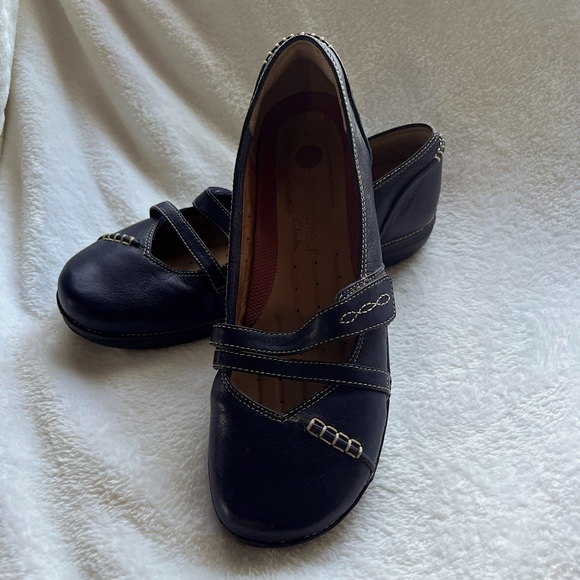 Clarks Unstructured Mary Jane Flats Womens Size 9 Navy Leather Loafers Mocs - Picture 9 of 14